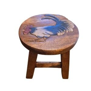Vintage Hand Carved Wooden Rooster Footstool Rustic Farmhouse Country Round